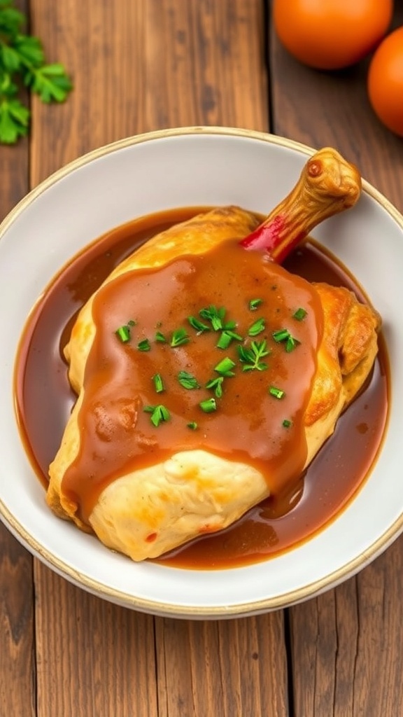 Zero Carb Gravy Recipe A bowl of zero carb gravy poured over roasted chicken, garnished with herbs, on a rustic wooden table.